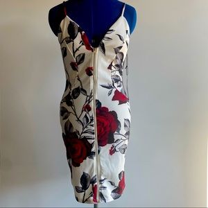 HAUTE MONDE FRONT ZIPPER WHITE/ROSES MIDI DRESS SIZE M